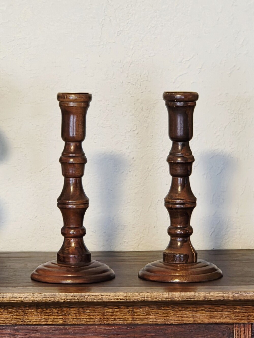 Vintage 8" Solid Wood Turned Candlestick Holders Midcentury, set of 2